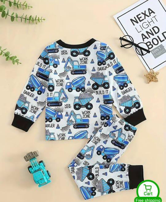 white Big Trucks Pajama Night Suit for Kids