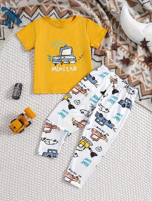 Yellow  Mini Car Pajama Night Suit for Kids