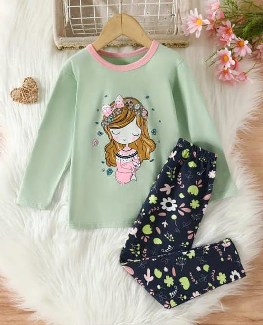 Green sleepy Princess printed Pajama Night Suit for Kids