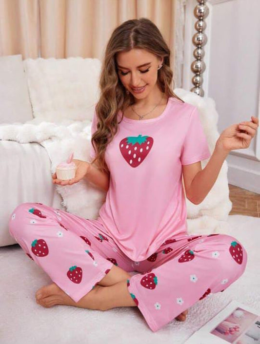 Pink Strawberry Printed PJ Set For Her