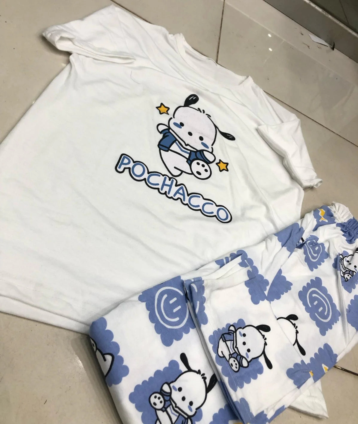 White Pochacco Print Half Sleeves Printed Night Suit