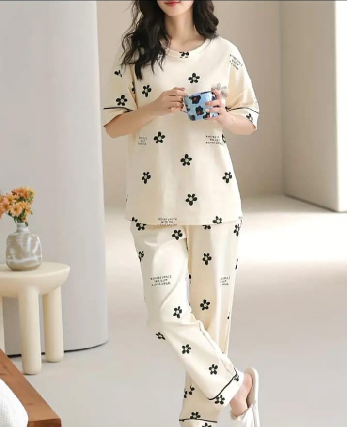 Off white Black all over flowers Print Half Sleeves Printed Night Suit