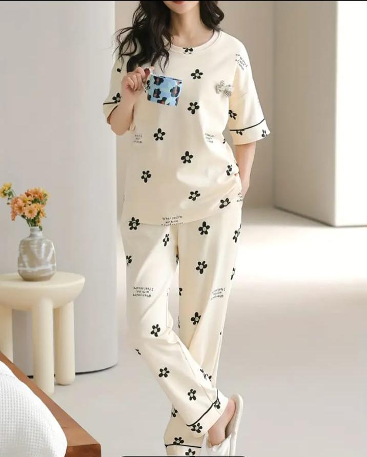 Off white Black all over flowers Print Half Sleeves Printed Night Suit