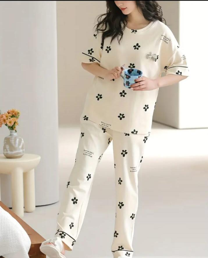 Off white Black all over flowers Print Half Sleeves Printed Night Suit