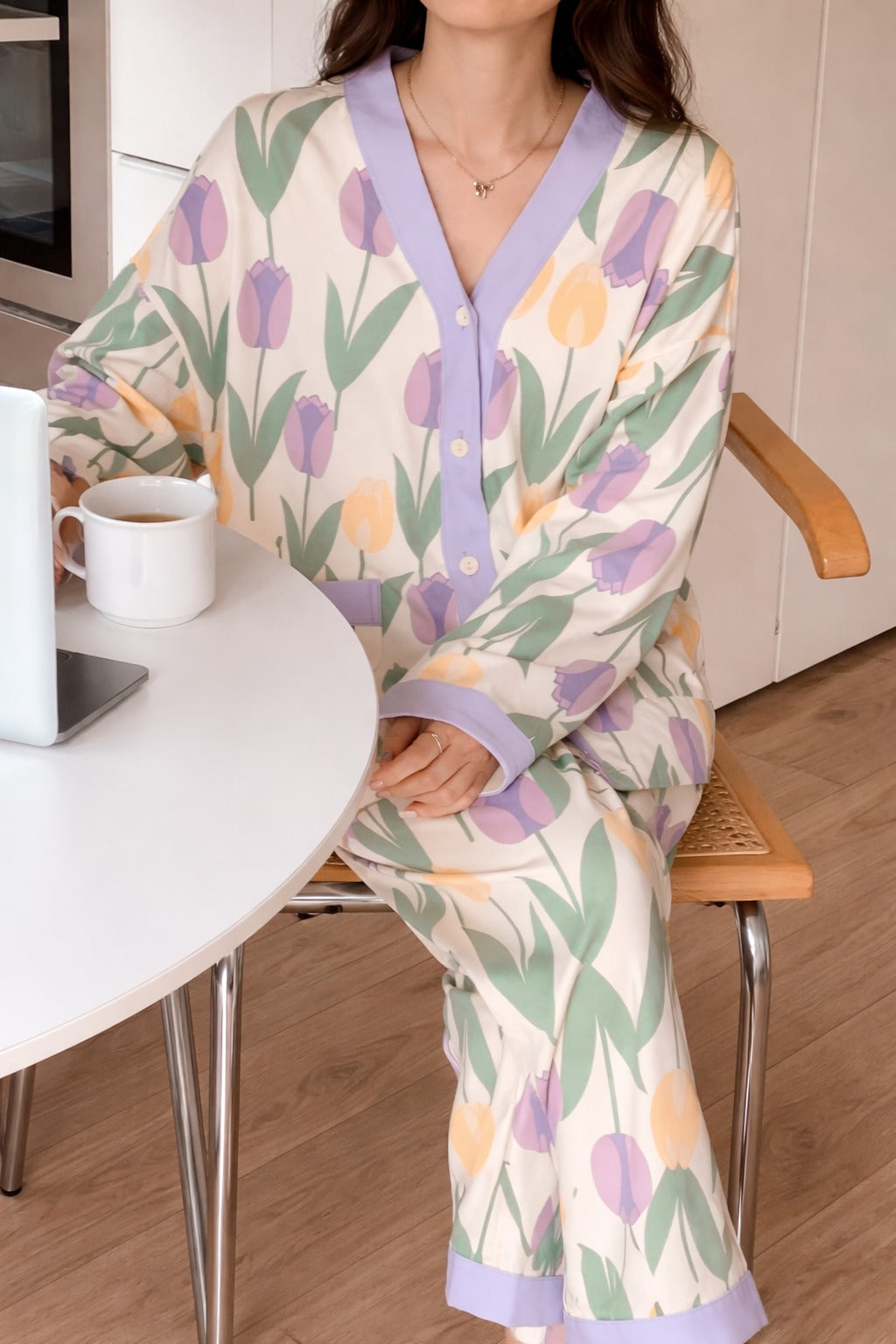 Off white with purple pipen big Flowers printed Front button Style night suit For her