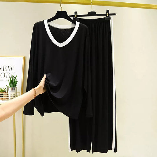 Plain Black with White V Neck with White Panel Pajama Full Sleeves Suit for Her