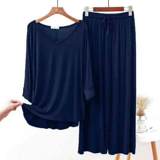 Plain Blue V Neck with Palazzo Style Pajama Full Sleeves Suit for Her