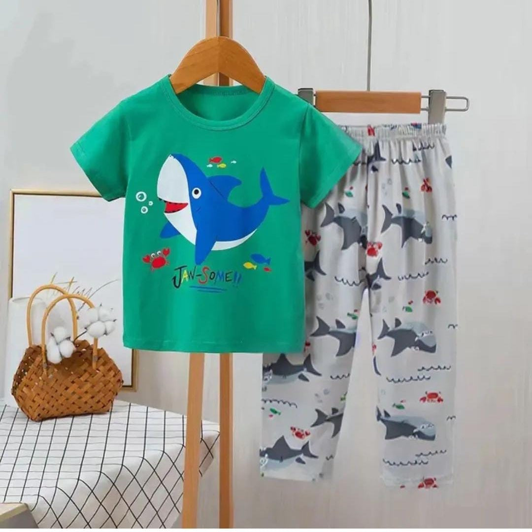 Baby Or Baba Green Shark Print Half Sleeves T-shirt With Printed Pajama Night Suit for Kids (1 Pcs) (RX-172)