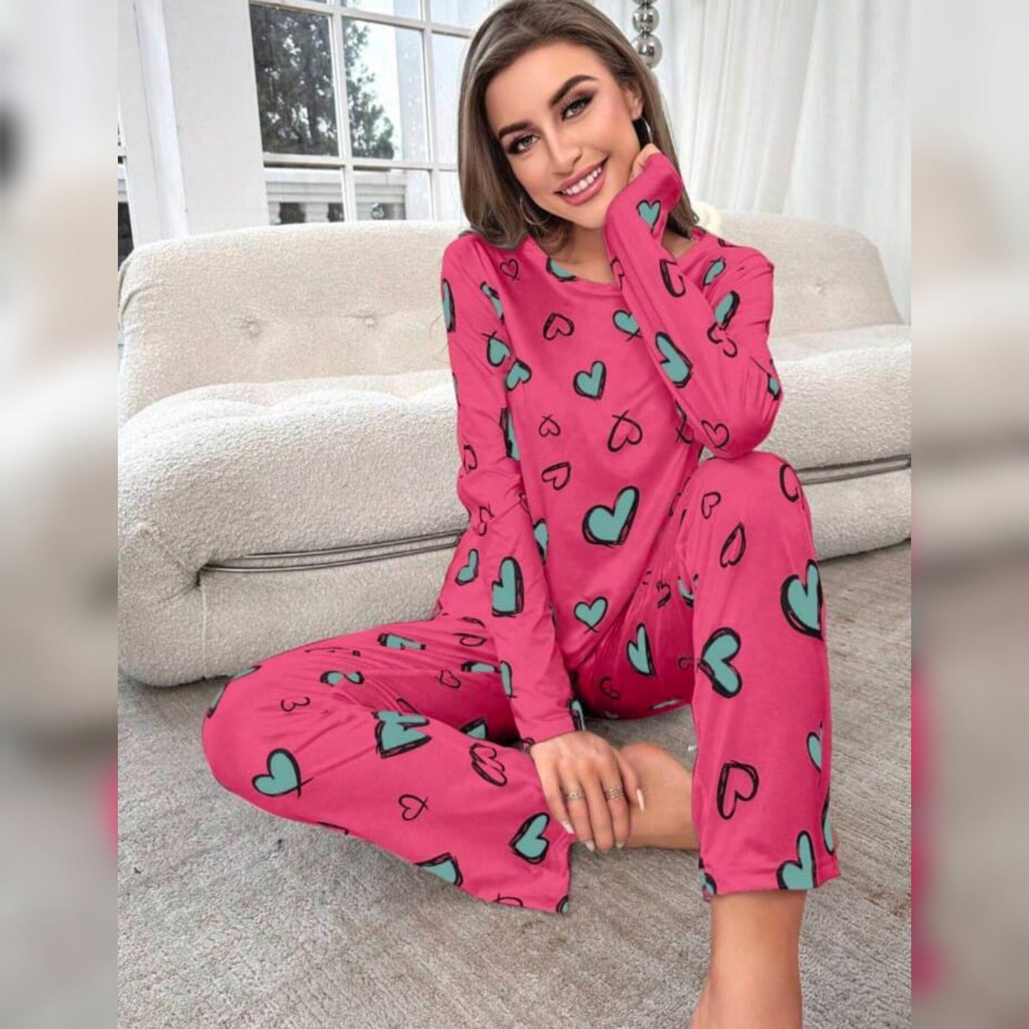 Shocking Pink With Green Herats Print Full Sleeves T-shirt With Hearts Printed Trouser Suit