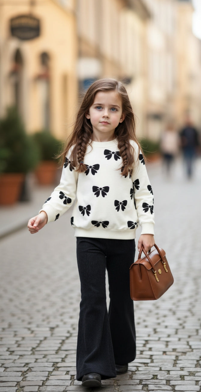 White With Black Bow Print Kids track suit