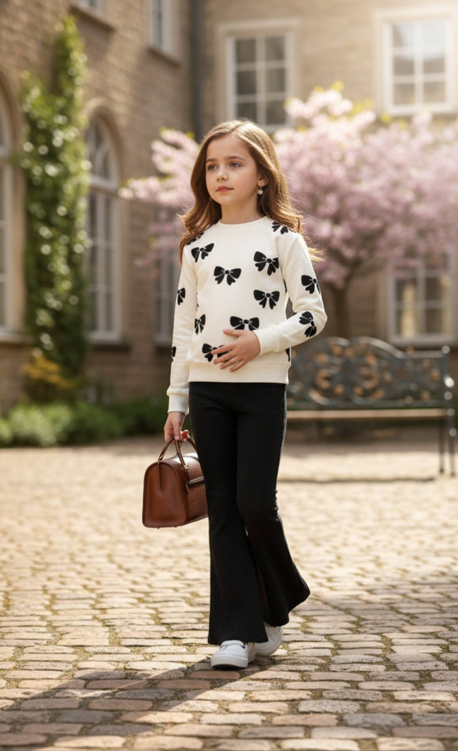 White With Black Bow Print Kids track suit