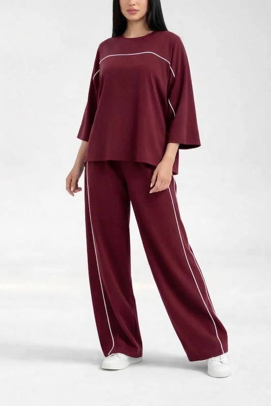 Maroon with White lining Plain plazzo night suit for her