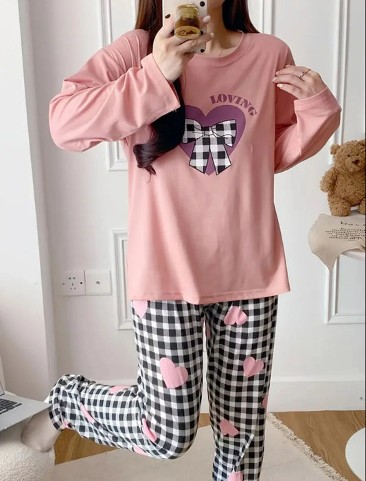 Baby Pink Loving with Check Ribbon Printed Full Sleeves PJ The Ultimate Dream Wear Sleep Suit
