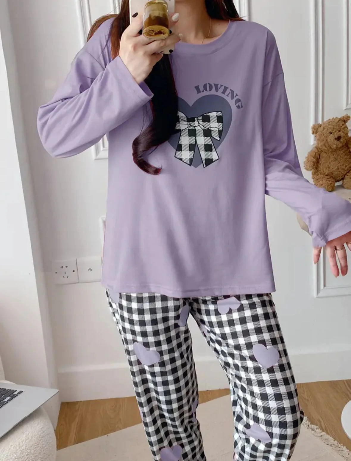 Lilac Loving with Check Ribbon Printed Full Sleeves PJ The Ultimate Dream Wear Sleep Suit