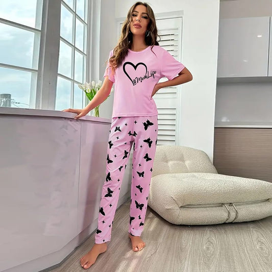 Pink Mom Life Printed Half Sleeves T-shirt With Printed Trouser Suit