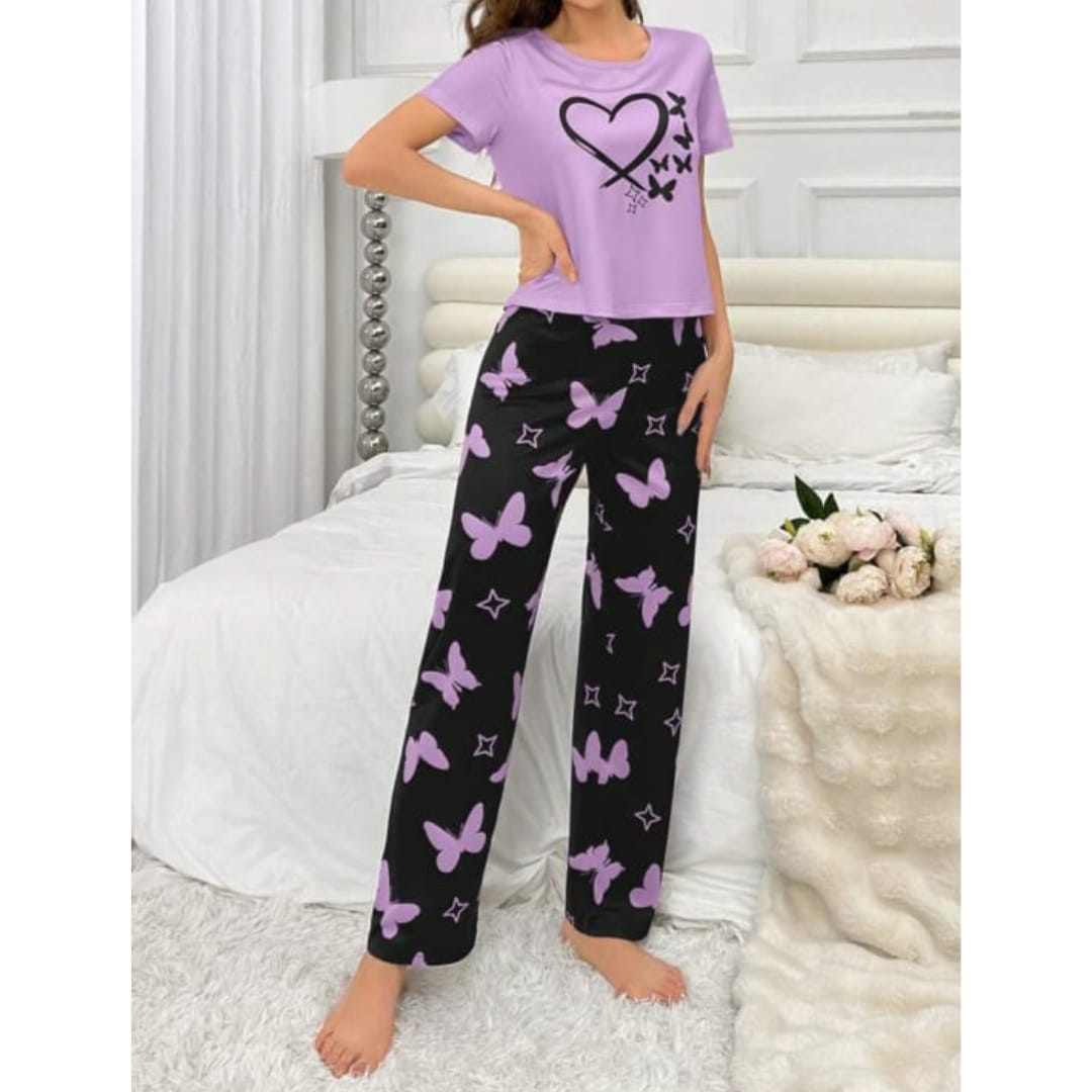 Purple With Black Butterflies Heart Printed T-shirt And Butterflies Printed Trouser Suit
