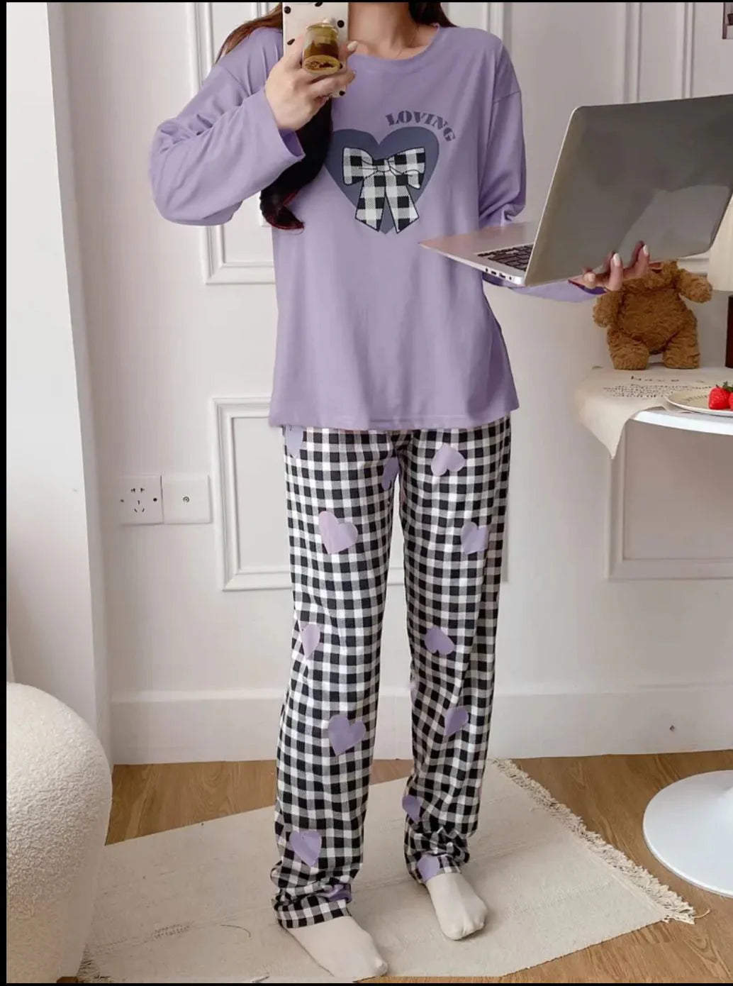 Lilac Loving with Check Ribbon Printed Full Sleeves PJ The Ultimate Dream Wear Sleep Suit
