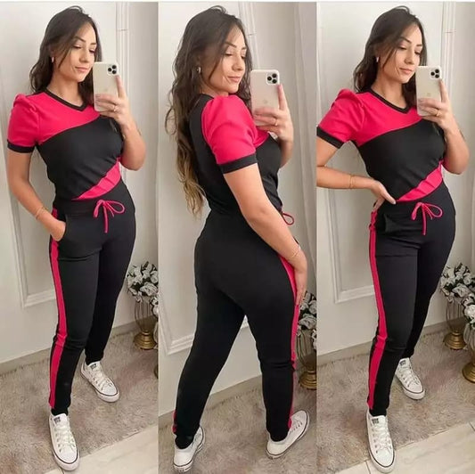 Red With Black Panel Half Sleeves T Shirt with Panel Pajama Suit for her