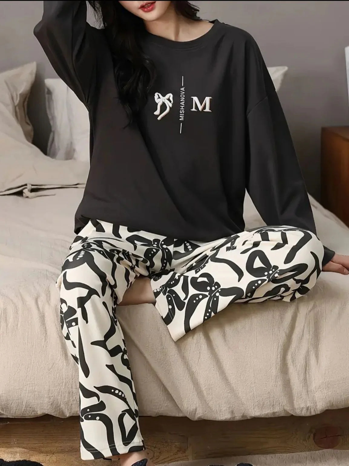 Black Ribbon Printed Full Sleeves Shirt with Off White Printed PJ The Ultimate Dream Wear Sleep Suit