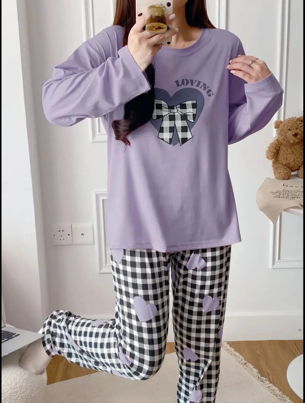 Lilac Loving with Check Ribbon Printed Full Sleeves PJ The Ultimate Dream Wear Sleep Suit
