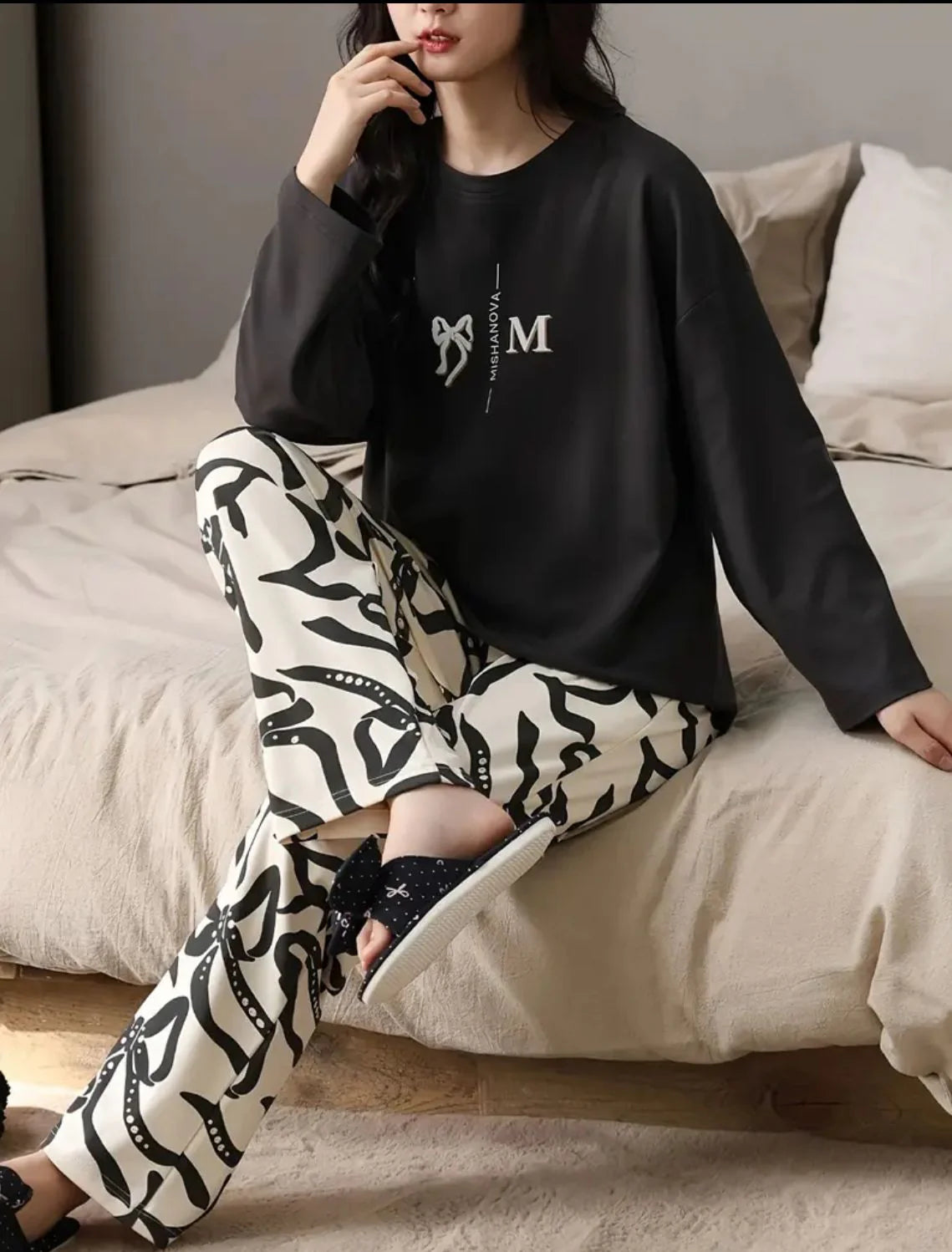 Black Ribbon Printed Full Sleeves Shirt with Off White Printed PJ The Ultimate Dream Wear Sleep Suit