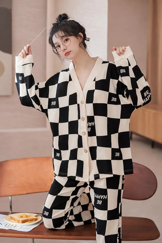 Off White with Black Check V-Neck Button Printed Pj Set For Her