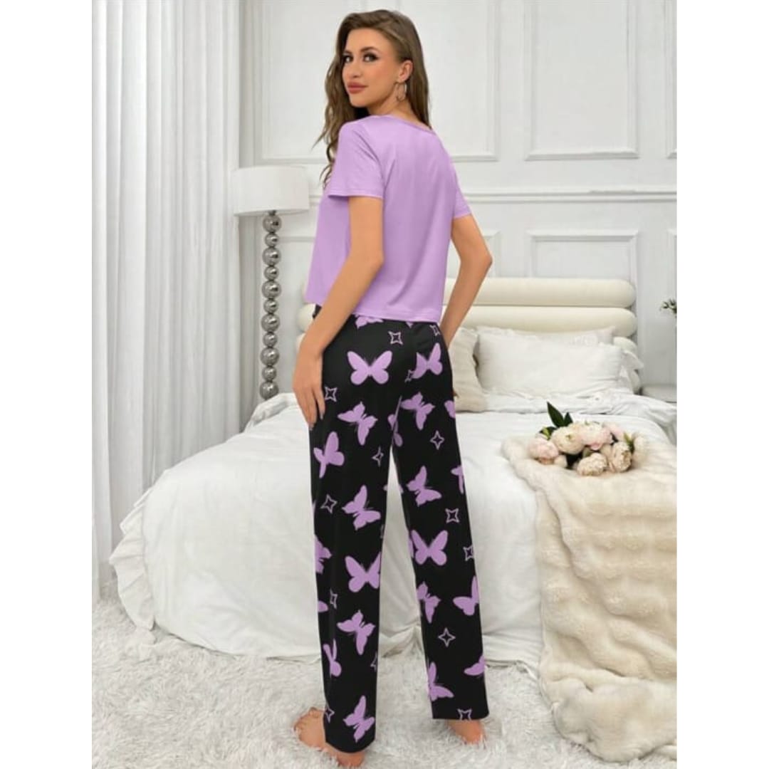 Purple With Black Butterflies Heart Printed T-shirt And Butterflies Printed Trouser Suit