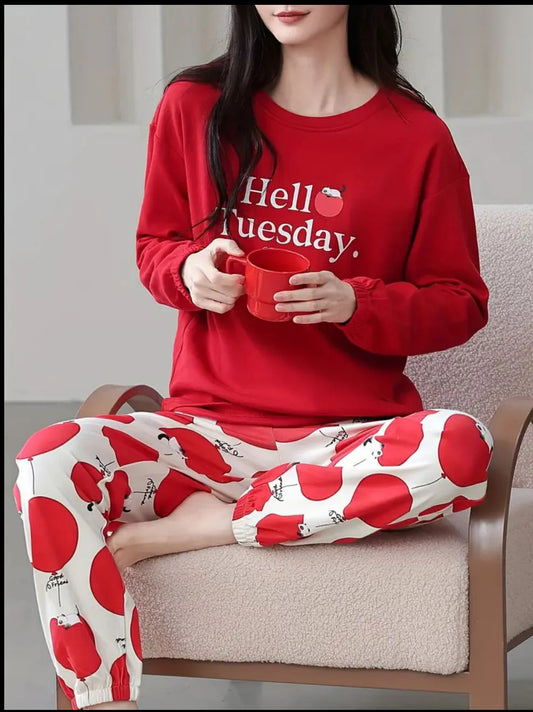 Red Hello Tuesday Printed Full Sleeves Pj The Ultimate Dream Wear Sleep Suit