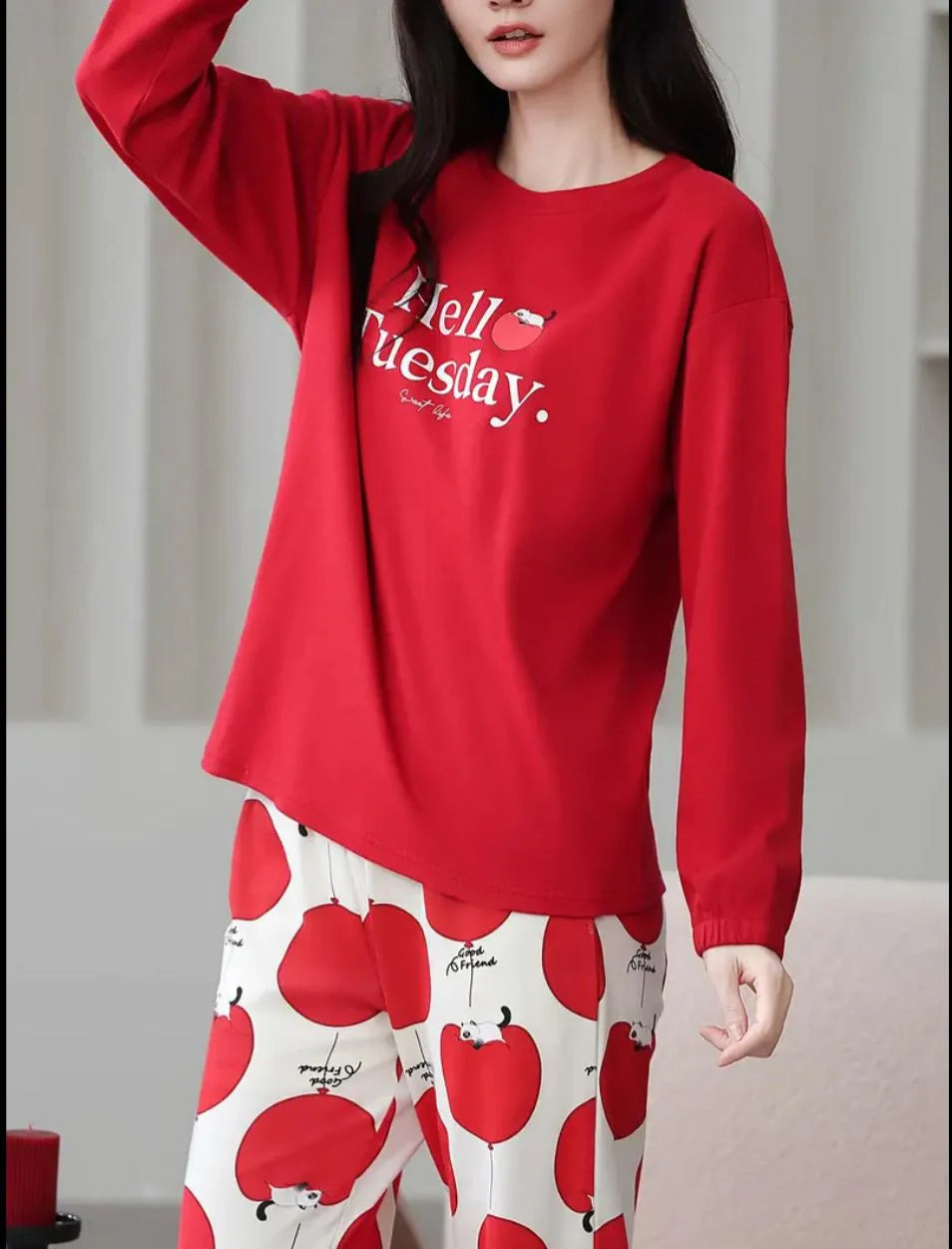 Red Hello Tuesday Printed Full Sleeves Pj The Ultimate Dream Wear Sleep Suit