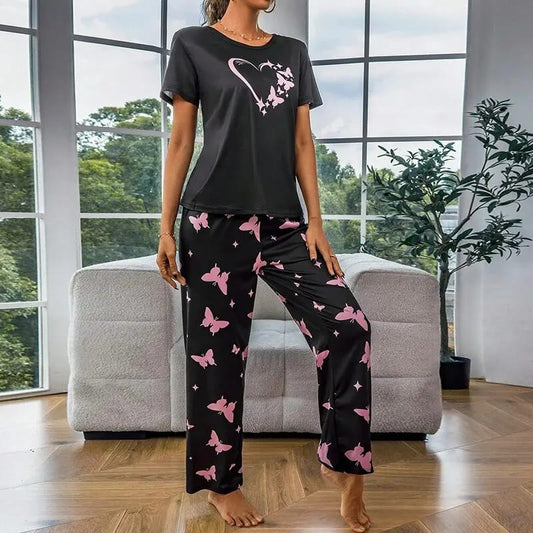 Grey With Butterflies Heart Printed T-shirt And Butterflies Printed Trouser Suit