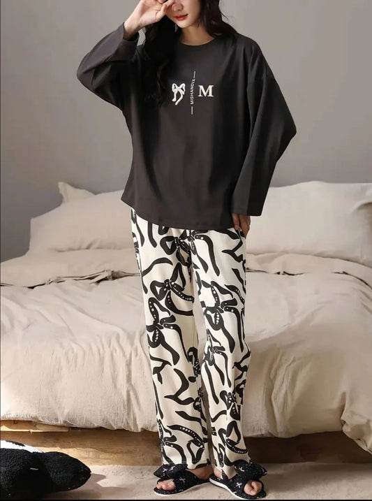 Black Ribbon Printed Full Sleeves Shirt with Off White Printed PJ The Ultimate Dream Wear Sleep Suit