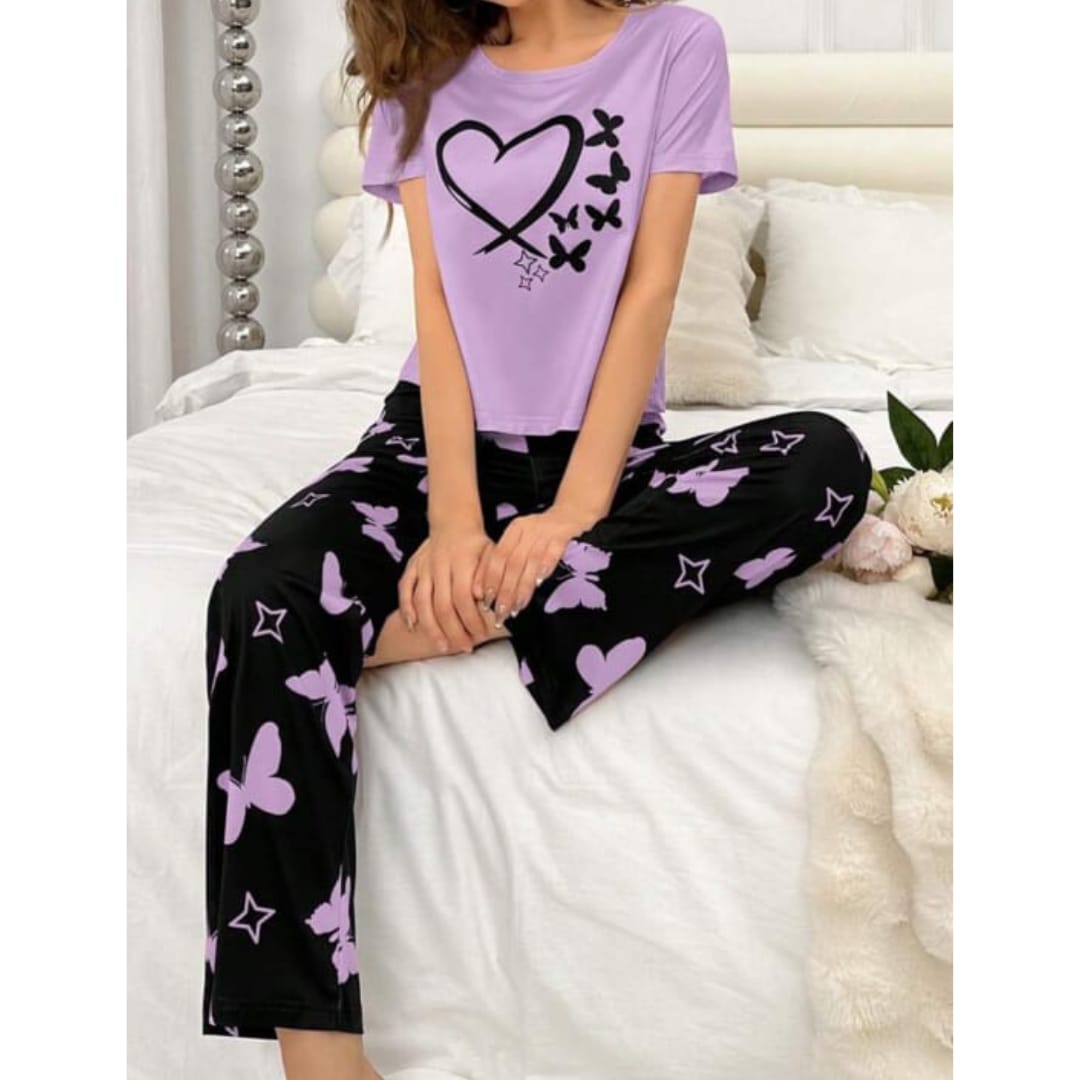 Purple With Black Butterflies Heart Printed T-shirt And Butterflies Printed Trouser Suit