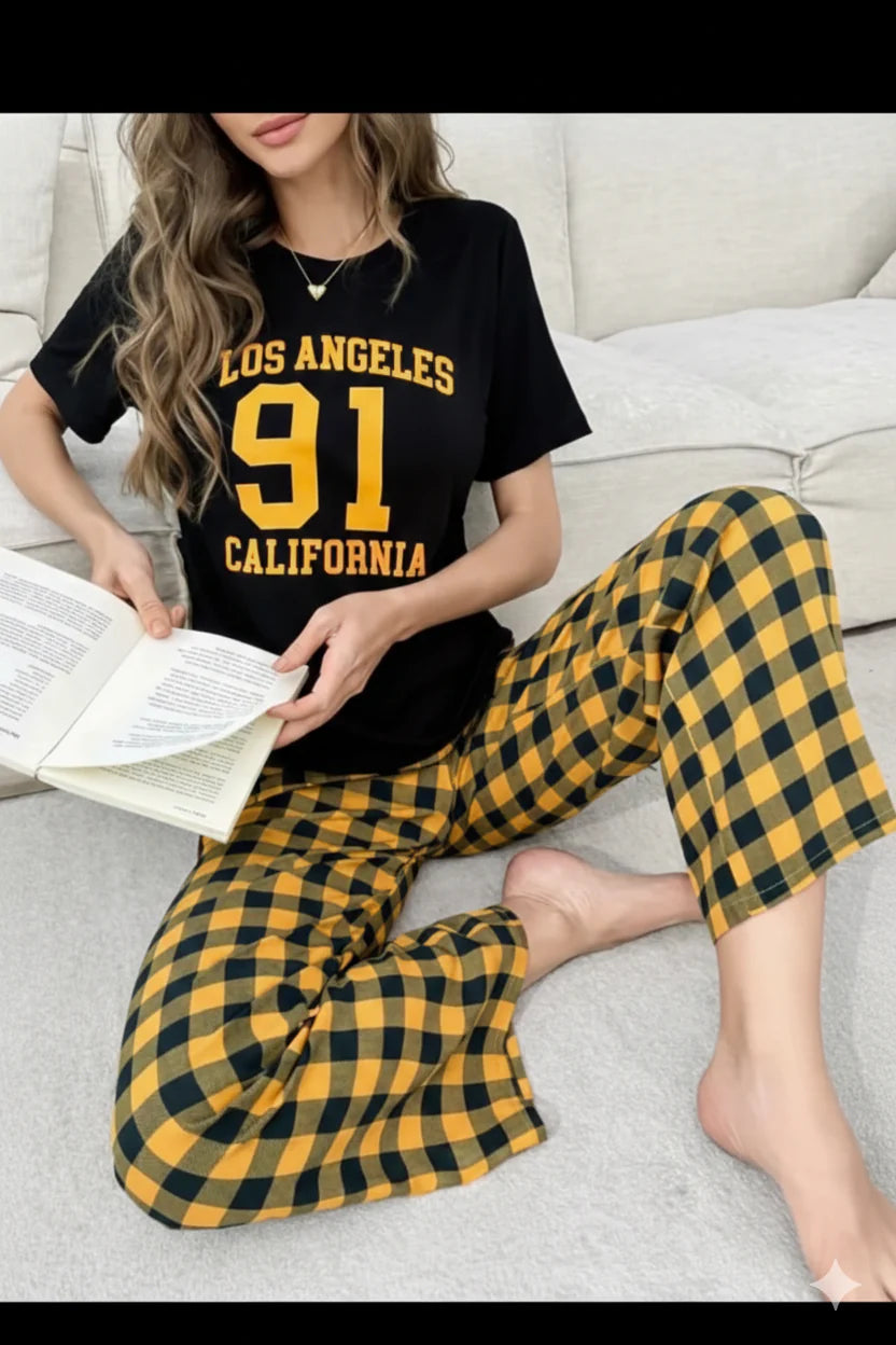 Black Los Angeles California Print Half Sleeves Night Suit