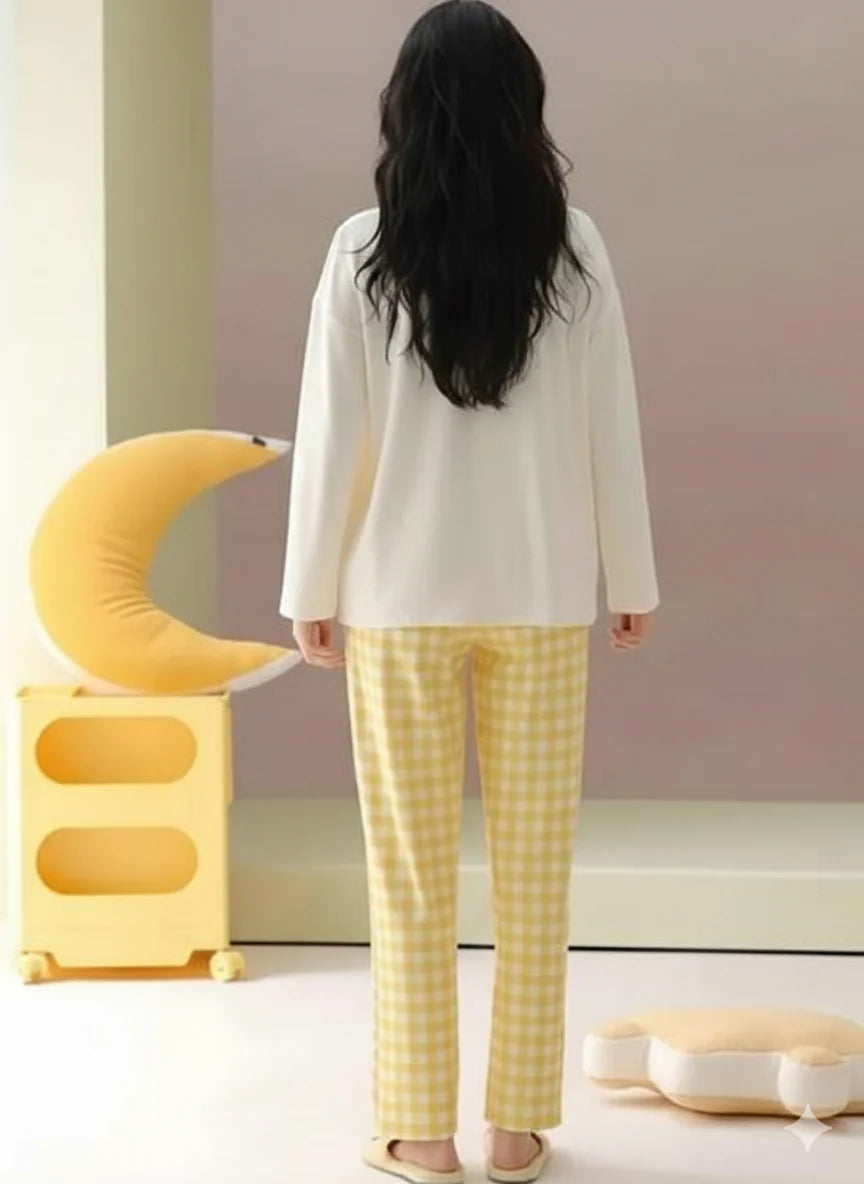 White With Clound And Star Print Full Sleeves Night Suit