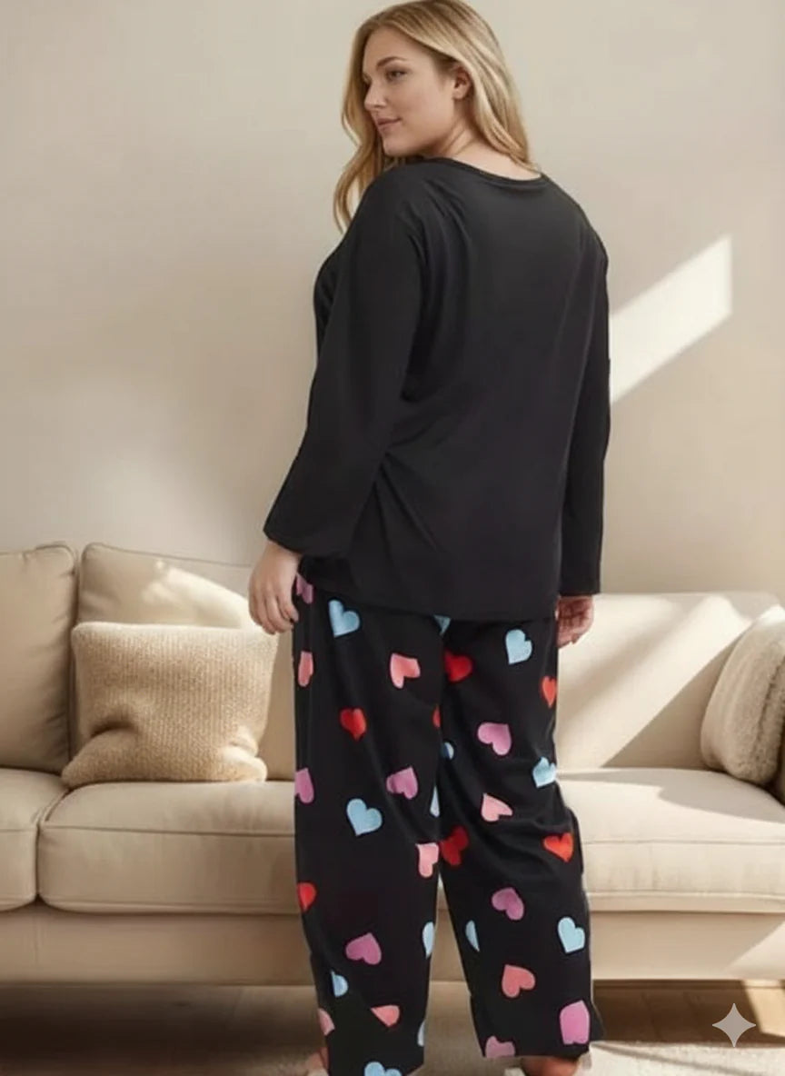 Black Multi Hearts Print Full Sleeves Night Suit