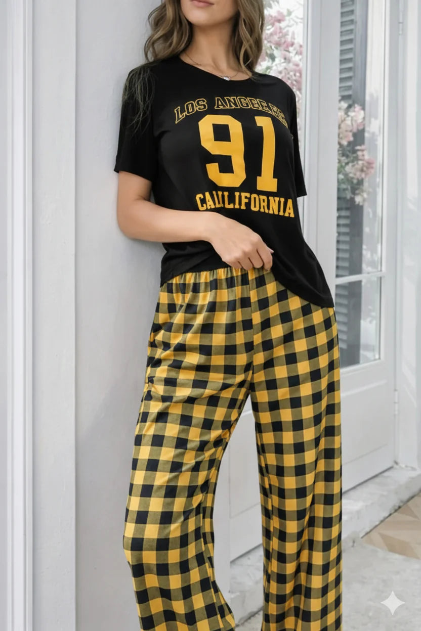 Black Los Angeles California Print Half Sleeves Night Suit