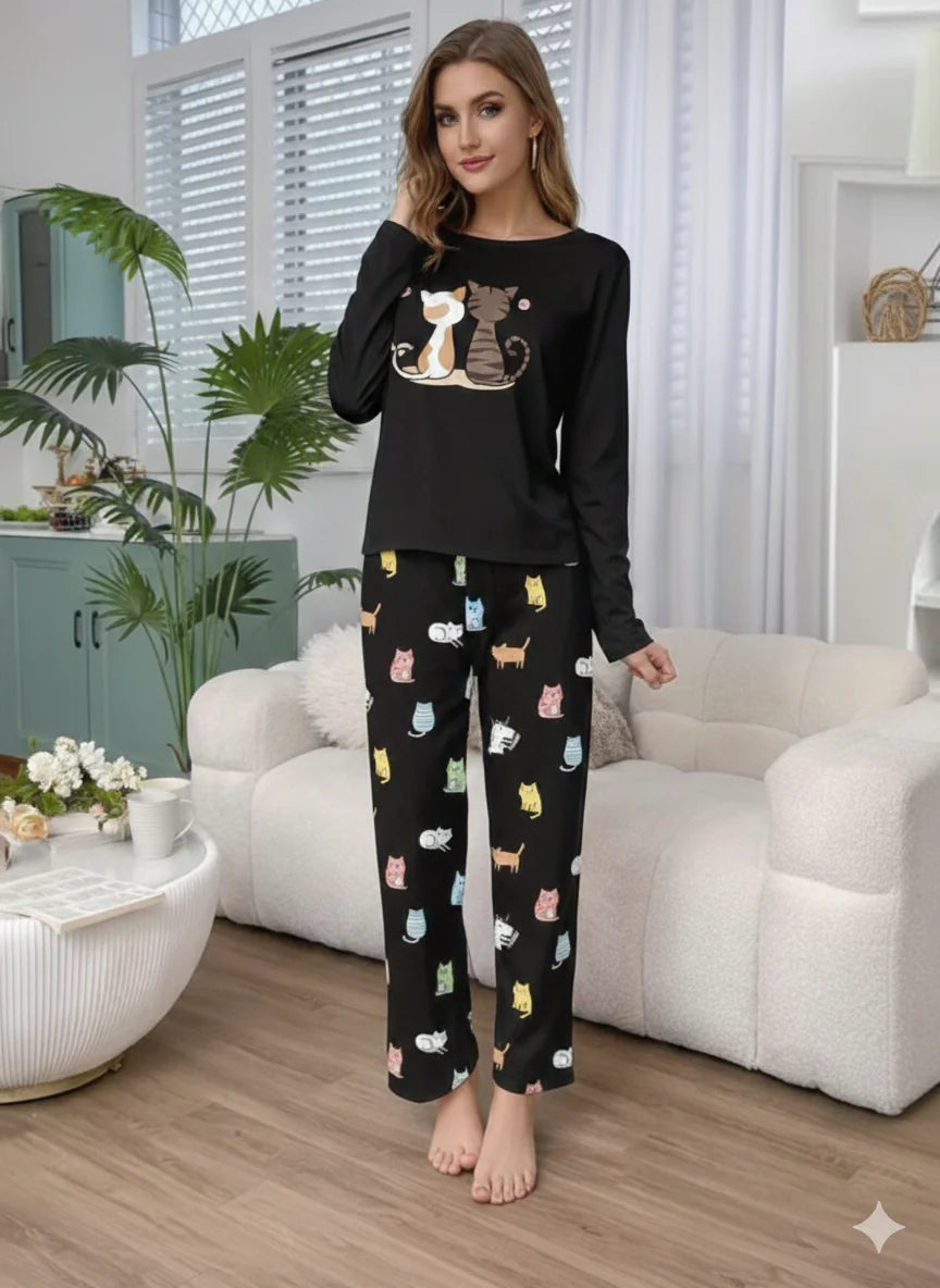 Black Cats Print Full Sleeves Night Suit