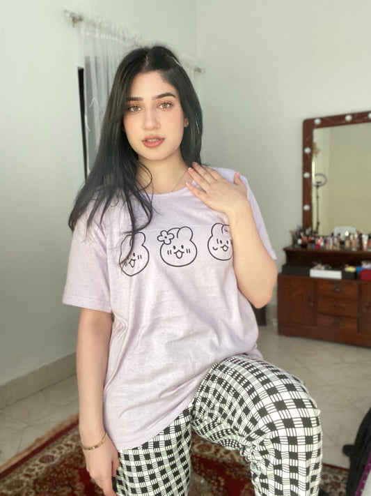 Light Purple Bear Print Half Sleeves T-shirt With Check Trouser Suit