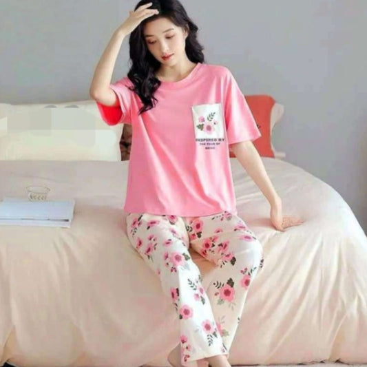 Pink Flower Pocket Print Half Sleeves T-shirt With Flowers Printed Trouser Suit