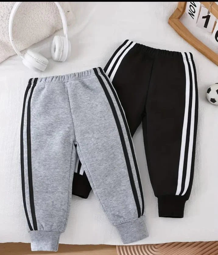 Pack of 2 White Stripes Fleece Trousers For Kids  (Grey, Black)