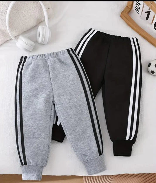 Pack of 2 White Stripes Fleece Trousers For Kids  (Grey, Black)