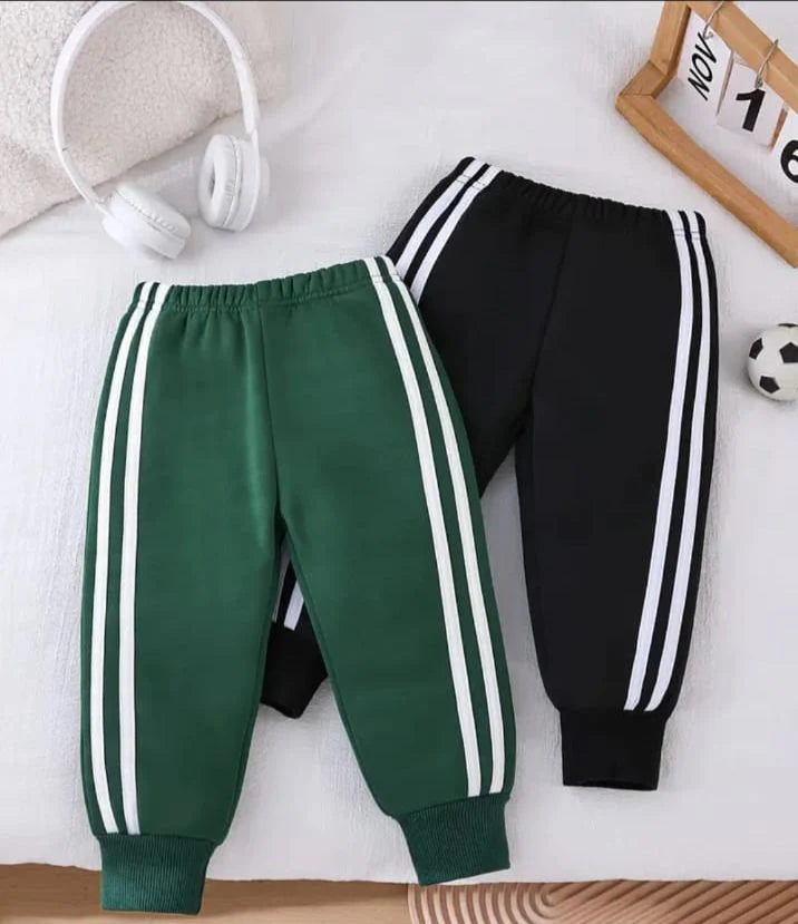 Pack of 2 White Stripes Fleece Trousers For Kids  (Green, Black)