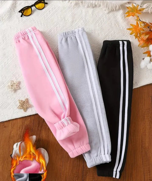 Pack of Three White Stripes Fleece Trousers For Kids  (Black, Grey, Pink)