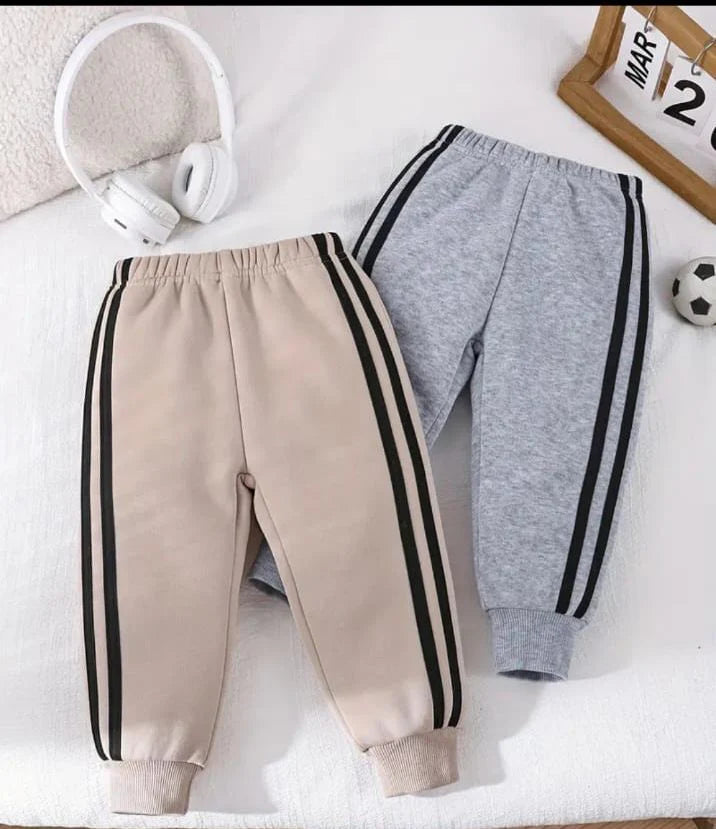 Pack of 2 White Stripes Fleece Trousers For Kids (Grey, Brown)