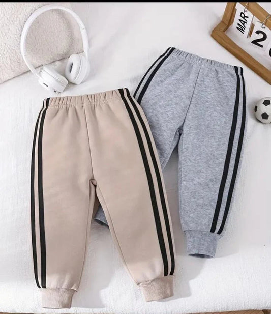 Pack of 2 White Stripes Fleece Trousers For Kids (Grey, Brown)