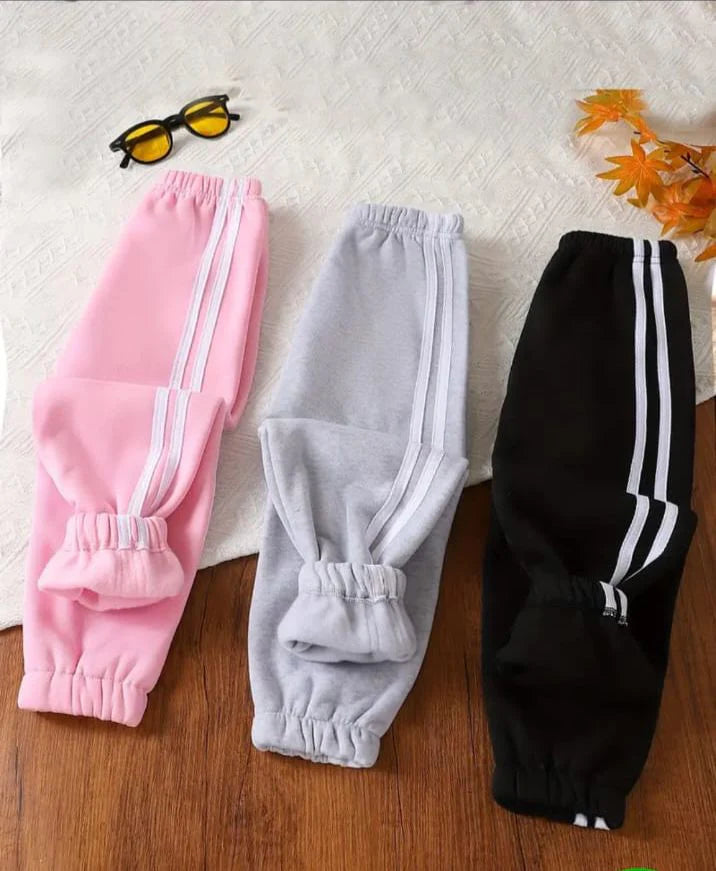 Pack of Three White Stripes Fleece Trousers For Kids  (Black, Grey, Pink)