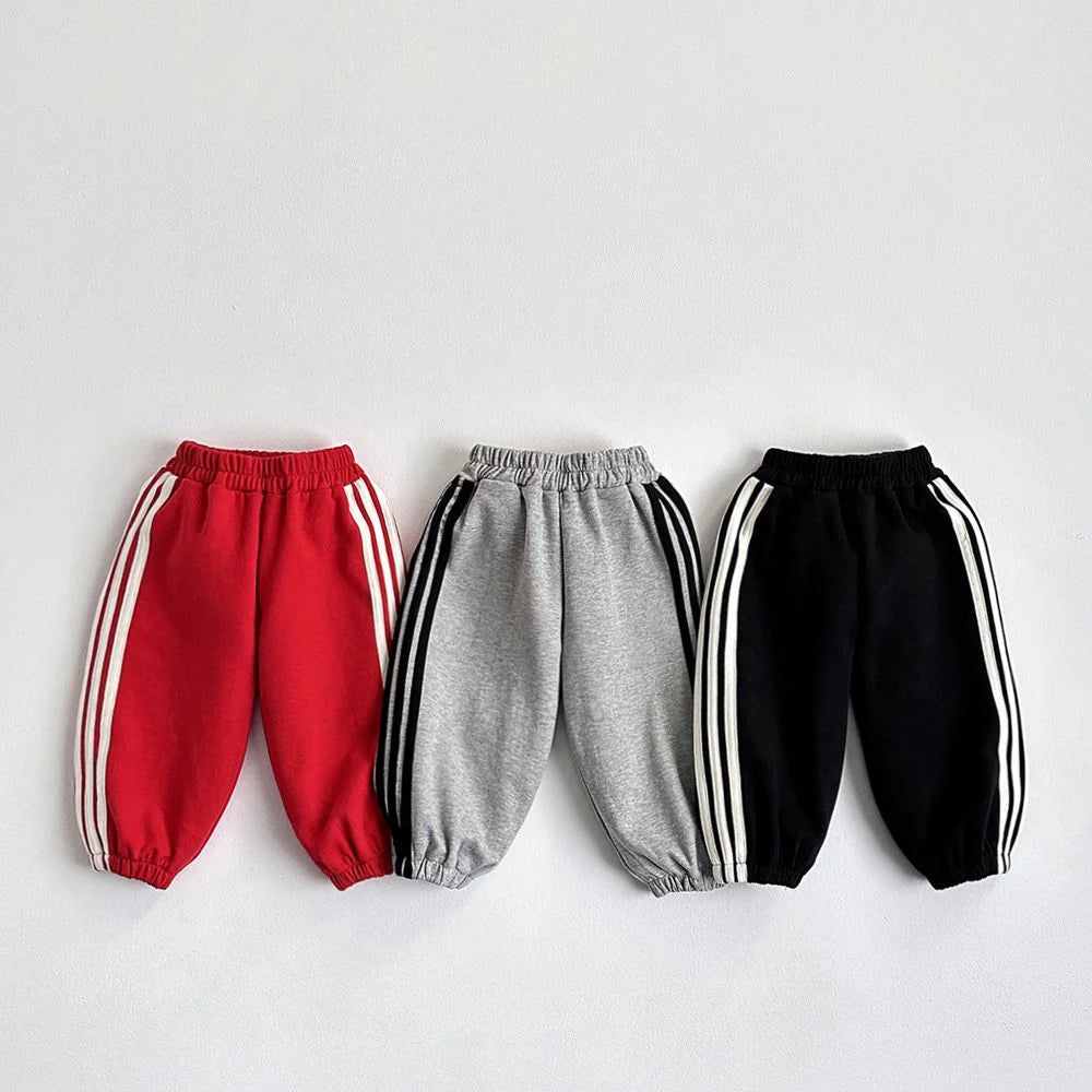 Pack of 3 White Stripes Fleece Trousers For Kids (Black, Grey, Red)