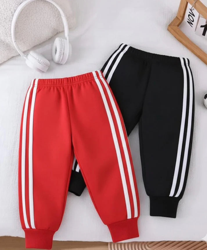 Pack of 2 White Stripes Fleece Trousers For Kids (Black, red)