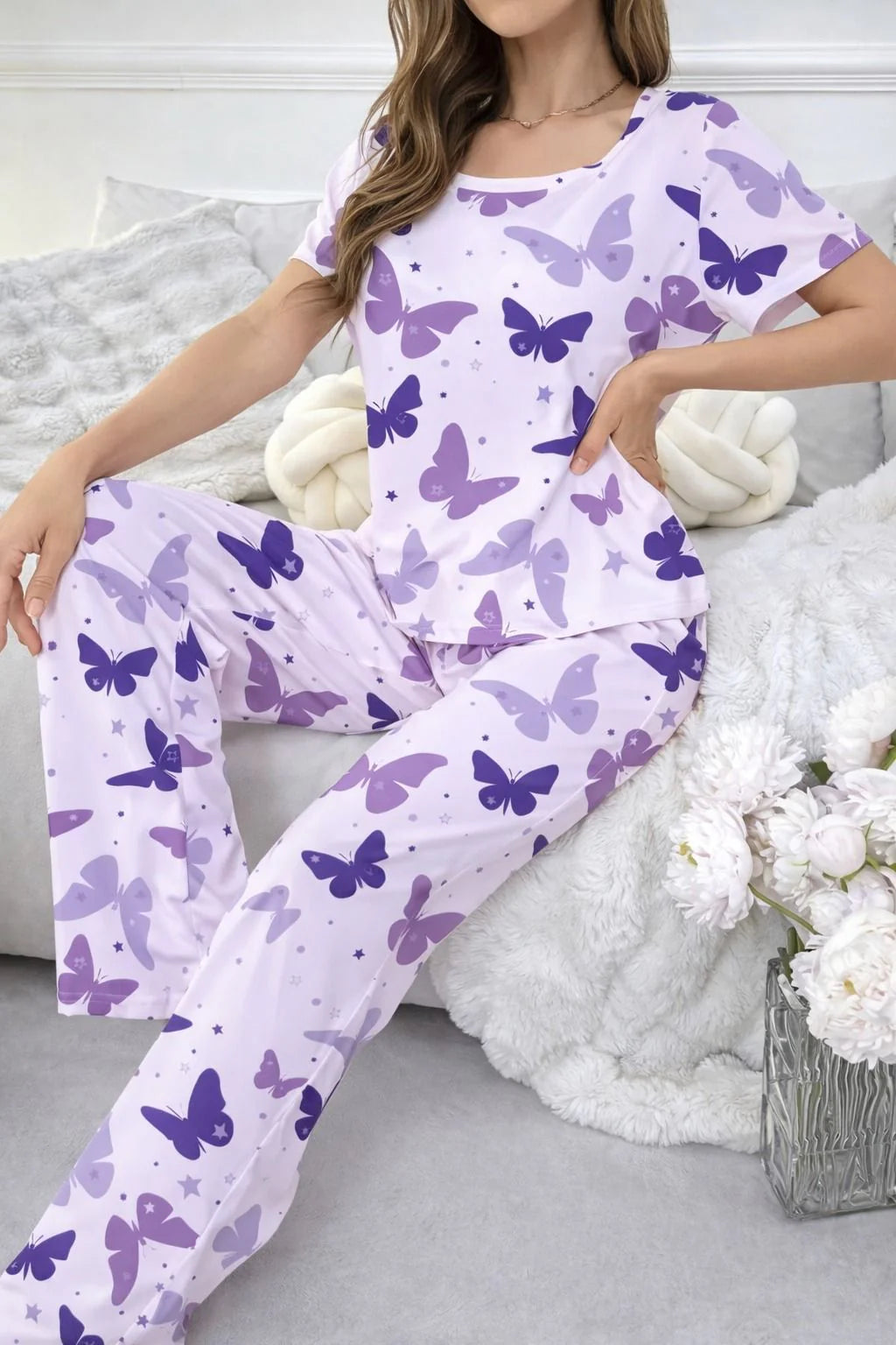 Purple All Over Butterflies Printed half sleeves night suit for her