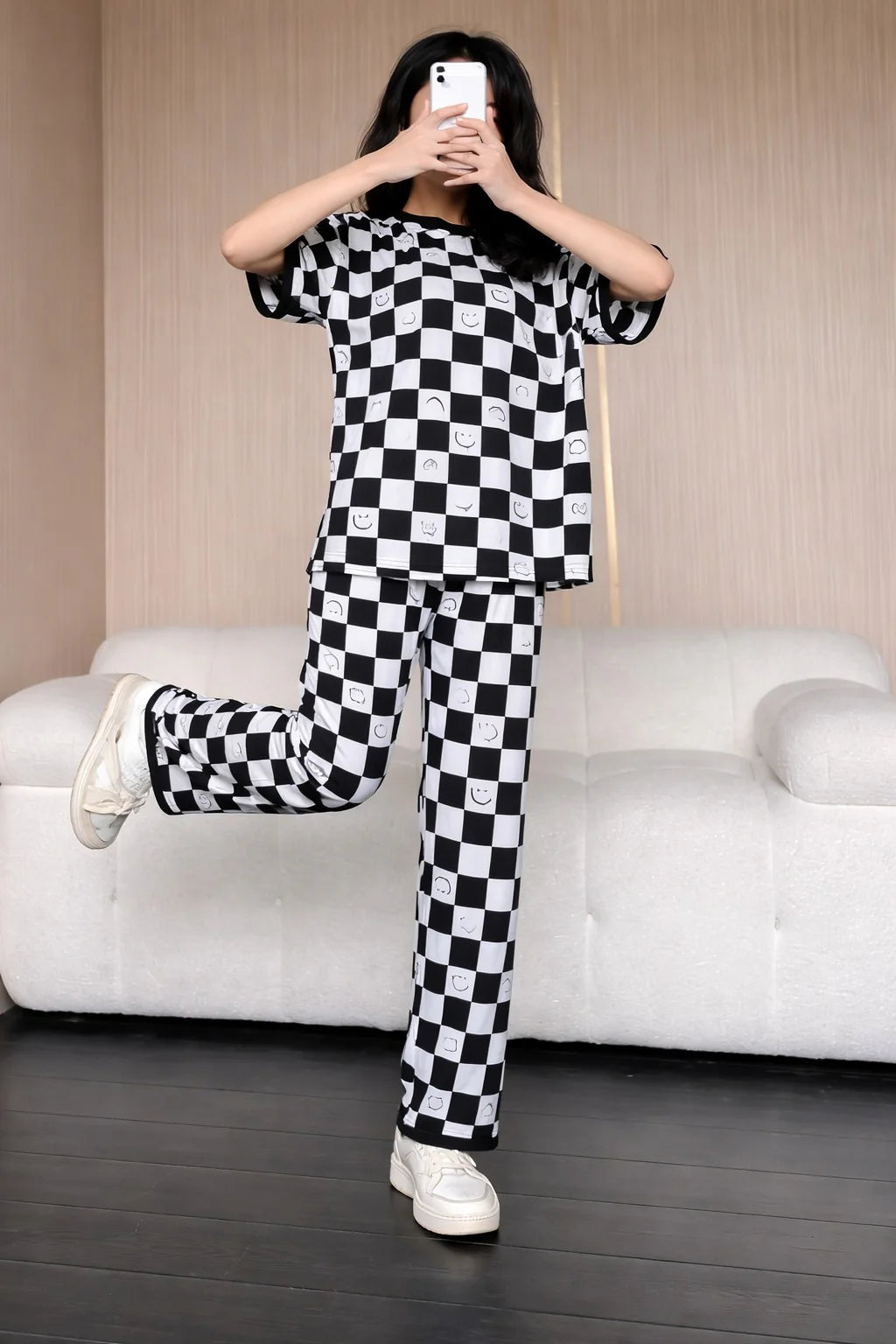 Black and White Check Smile Printed half sleeves night suit for her